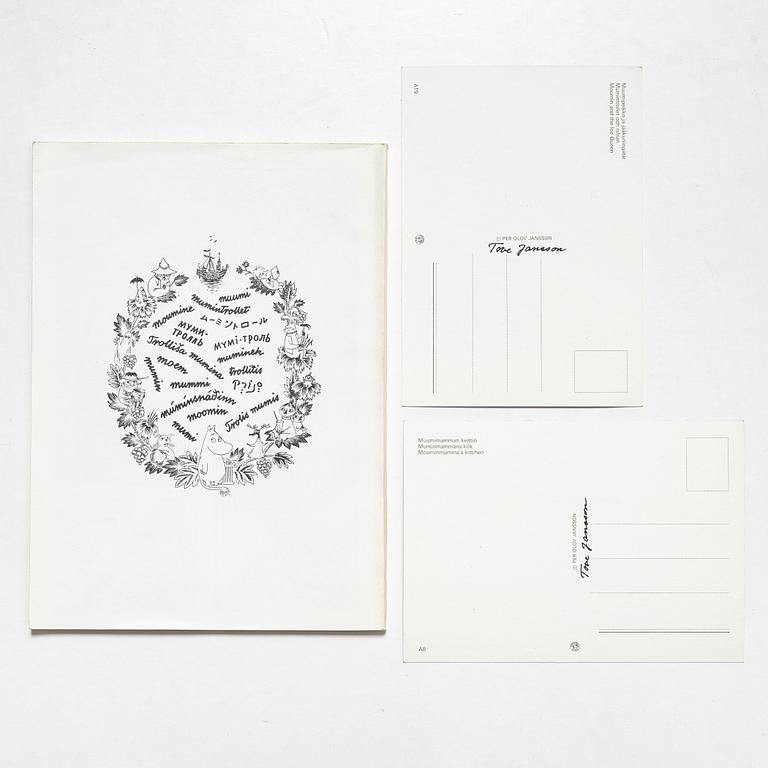 Tove Jansson, book, 'Muumi Hvitträskissä Mumintrollet i Hvitträsk 1974' signed, along with two signed postcards.