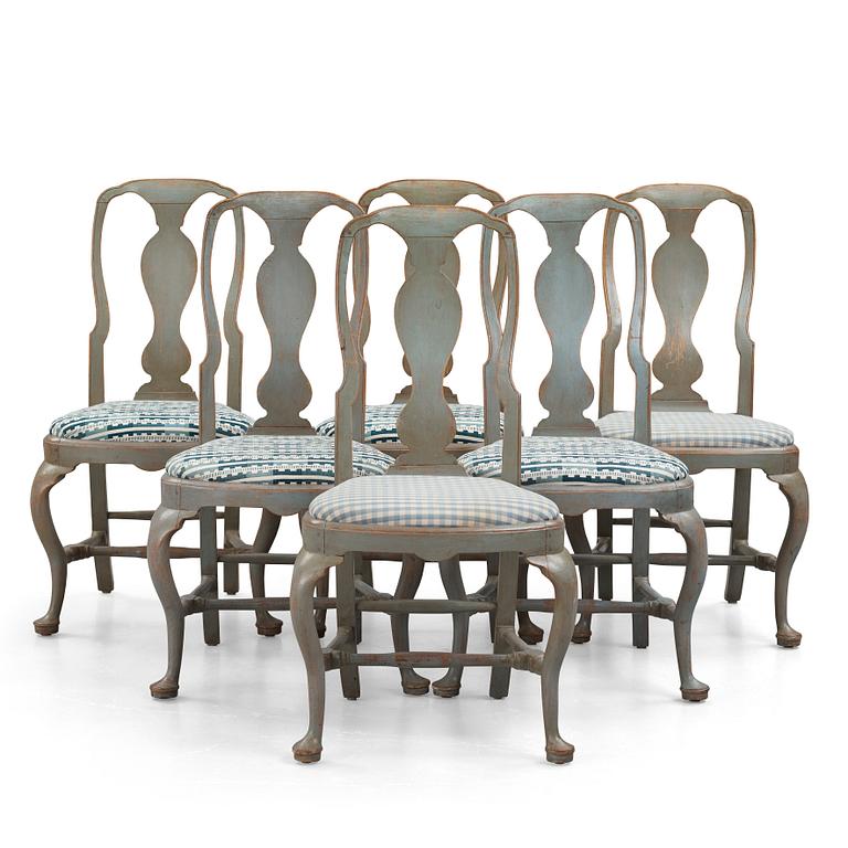 A set of six Swedish Rococo chairs, mid 18th century.