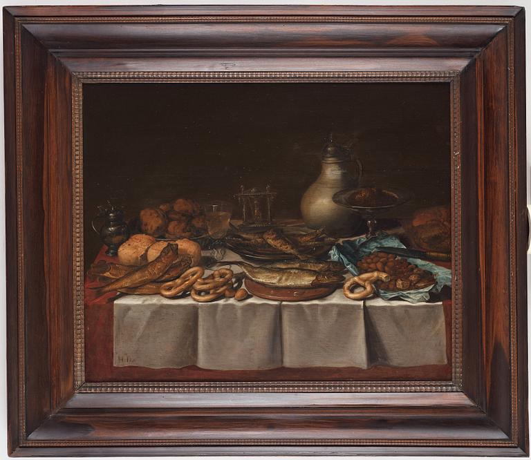 Pieter Claesz Hans krets, Stilleben med fiskar, bröd och krus.