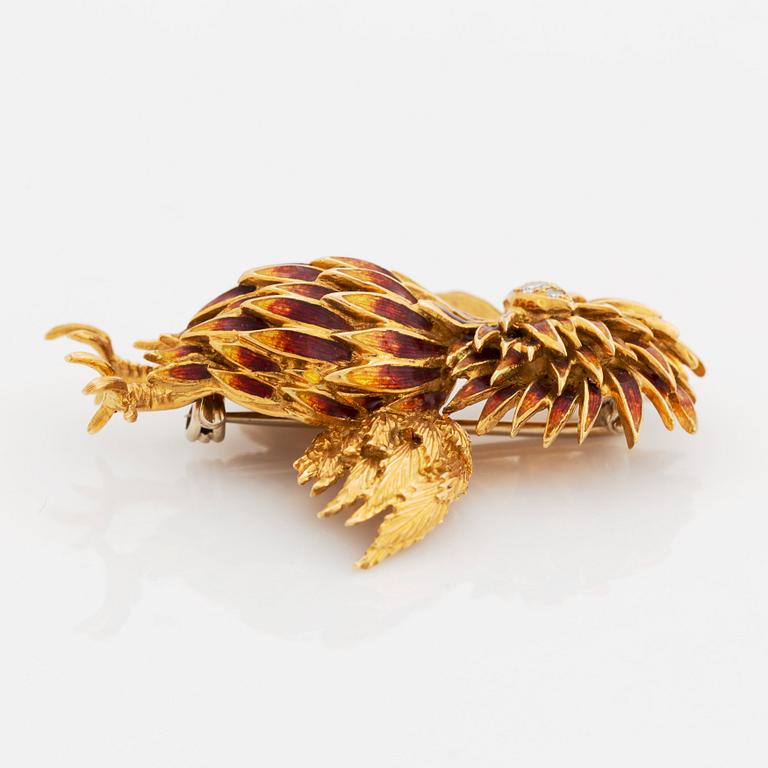 An 18K gold and enamel bird brooch set with eight-cut diamonds.