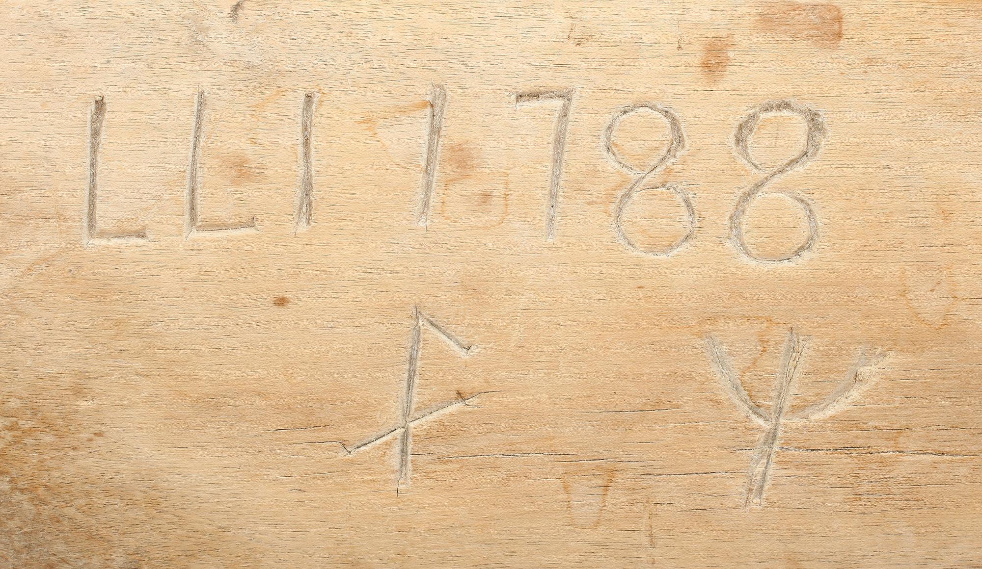 BAKTRÅG, trä, daterat 1788.