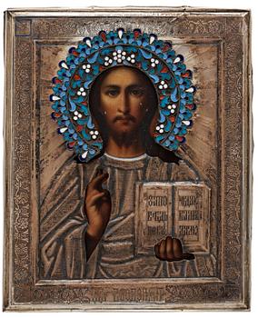 A Russian early 20th century silver and enamel icon, unidentified makers mark, Moscow 1899-1908.