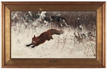 Bruno Liljefors, Winter hunt with fox and hounds.