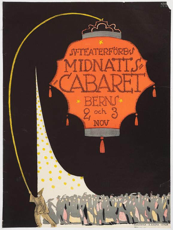 Wilhelm Kåge, litografisk affisch, "Midnattscabaret Berns", Rokotryck, A.-B. Kopia, Stockholm, 1916.
