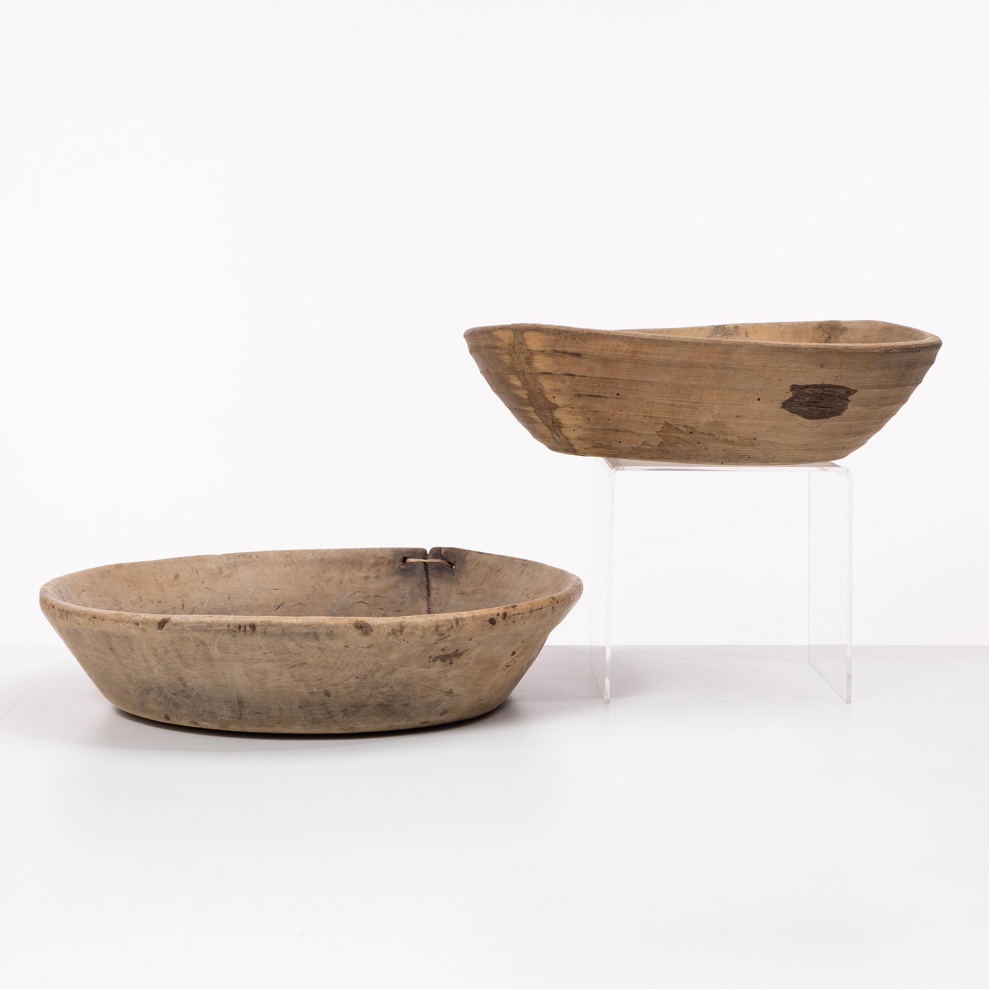 Skålar, 7 st, samt ett tråg, allmoge, 1800-tal.