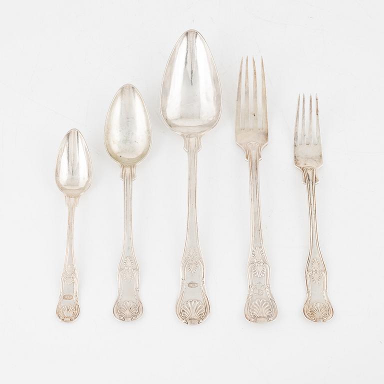 Bestick, 16 delar, silver, "Engelsk Snäck", bl.a Gustaf Möllenborg, Stockholm, 1854-1885.