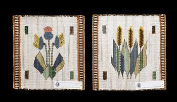 VÄVNADER, 2 st. "Blomlapp". Gobelängteknik. Signerade AB MMF (AB Märta Måås-Fjetterström).