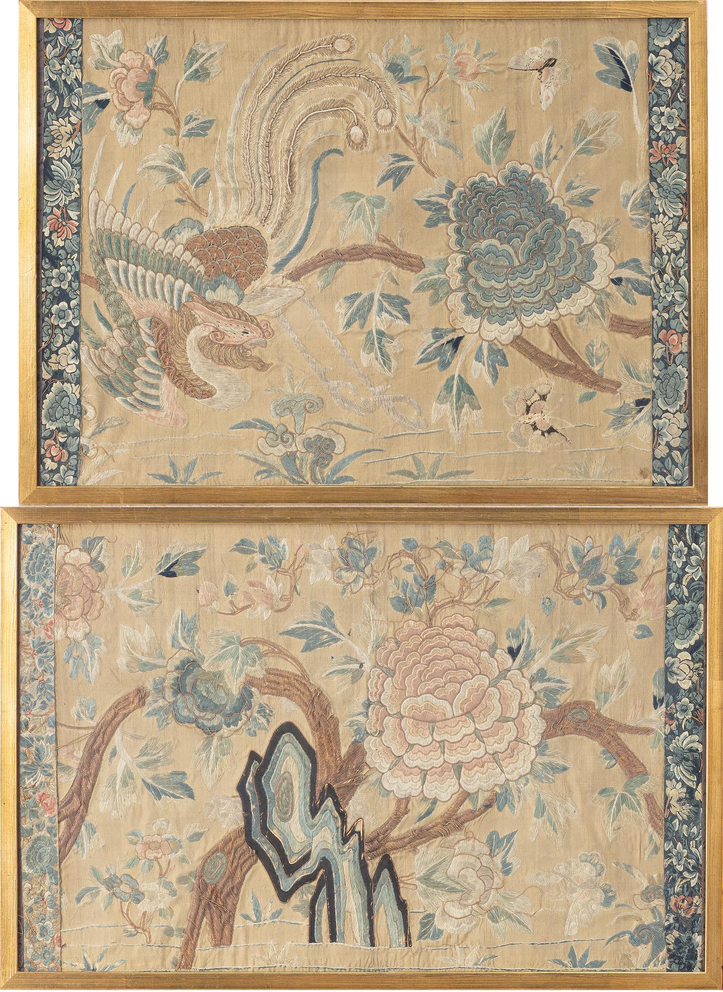 A pair of silk embroideries, China, Qing dynasty, 19th century.