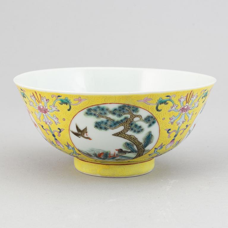 A famille rose  yellow ground bowl, China, 20th Century.