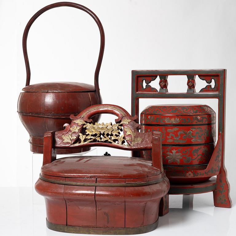 A group of three red wooden vessels, China/Southeast Asia, 20th century.