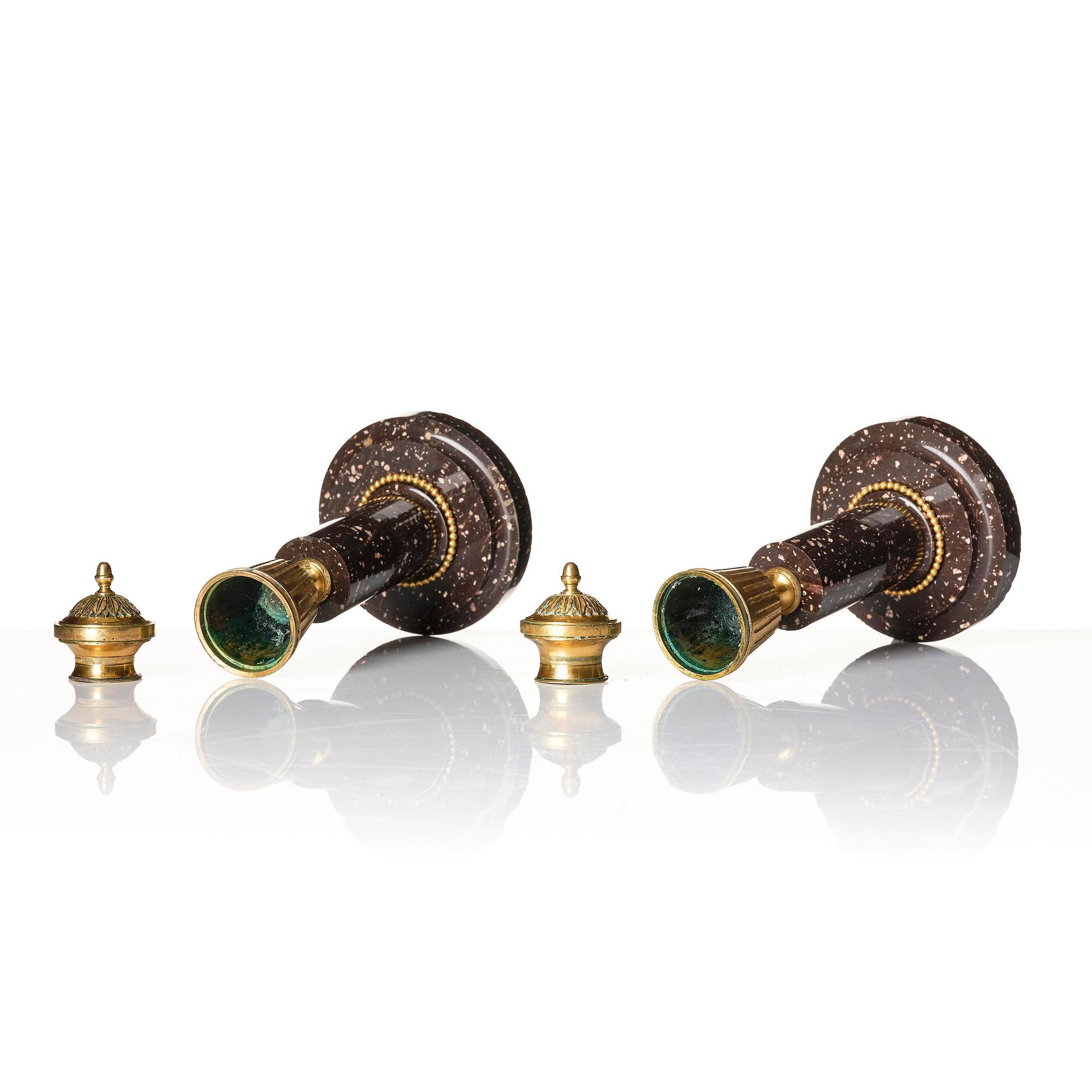 A pair of late Gustavian Swedish porphyry and ormolu cassolettes.