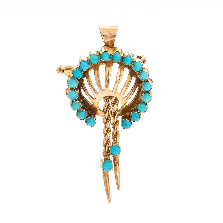 An 18K gold brooch/pendant, with turquoises.