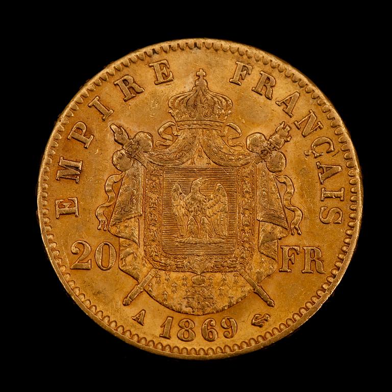 GULDMYNT,20 fr, Napoleon III, 1869. Vikt ca 6 g.