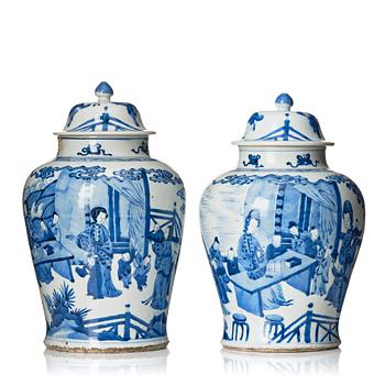 1121. Two large blue and white jars, Qing dynasty, kangxi style, 19th Century.