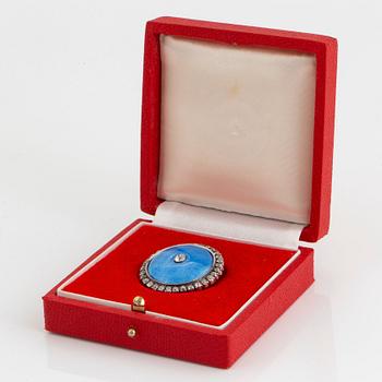 Brosch 14K guld med blå emaljdekor och gammalslipade diamanter ca 1.75 ct.