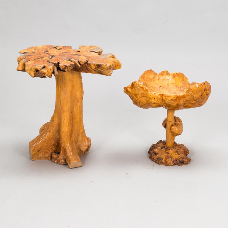 A mid-20th century burr wood table and bowl.