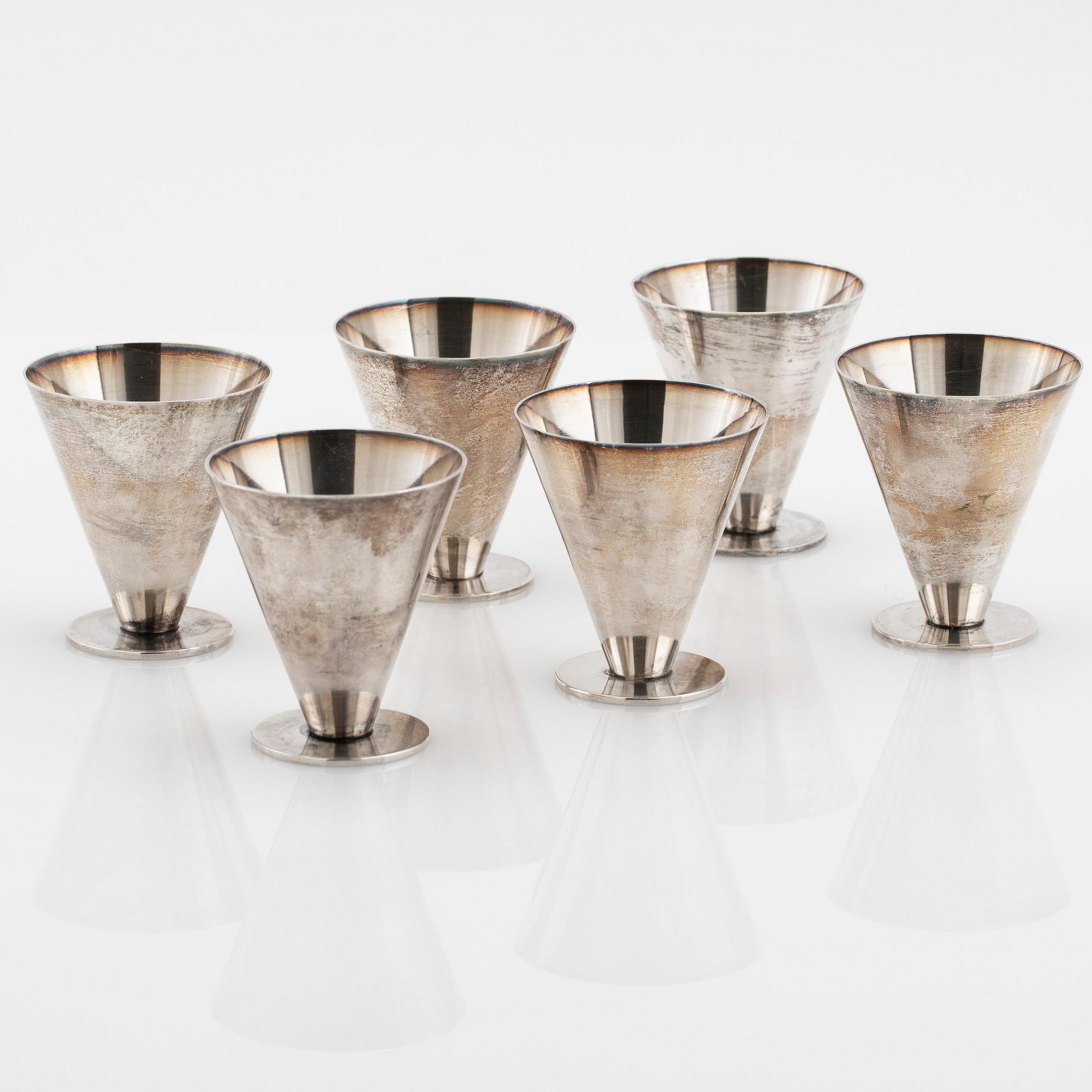 Wiwen Nilsson, cocktail glasses, 6 pcs., silver, Lund, 1957-63.