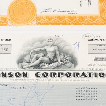 Ronson stock certificates, 4 pieces, second half of the 20th century, USA.