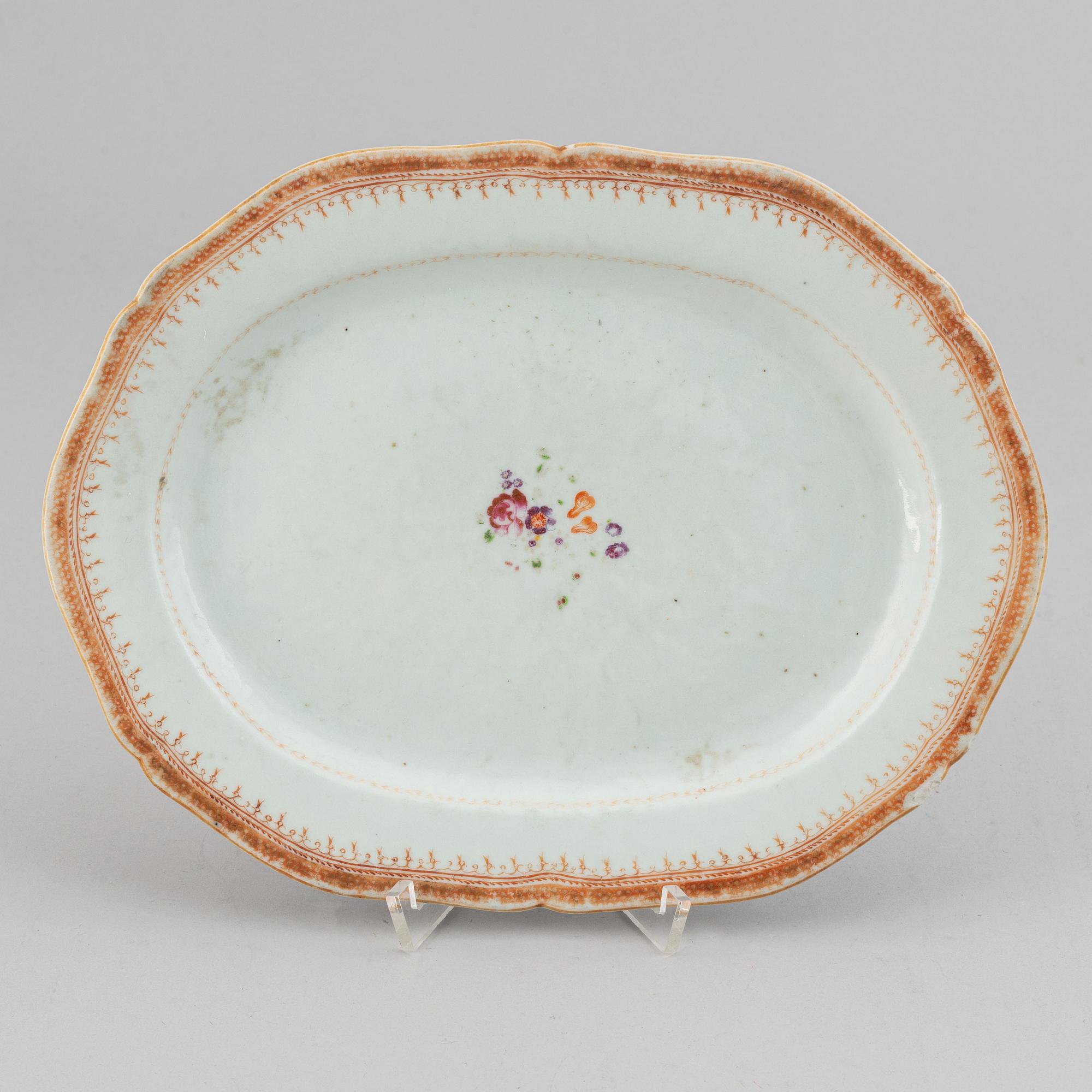 Two famille rose serving dishes and a sauce boat, Qing dynasty, Qianlong (1736-95).