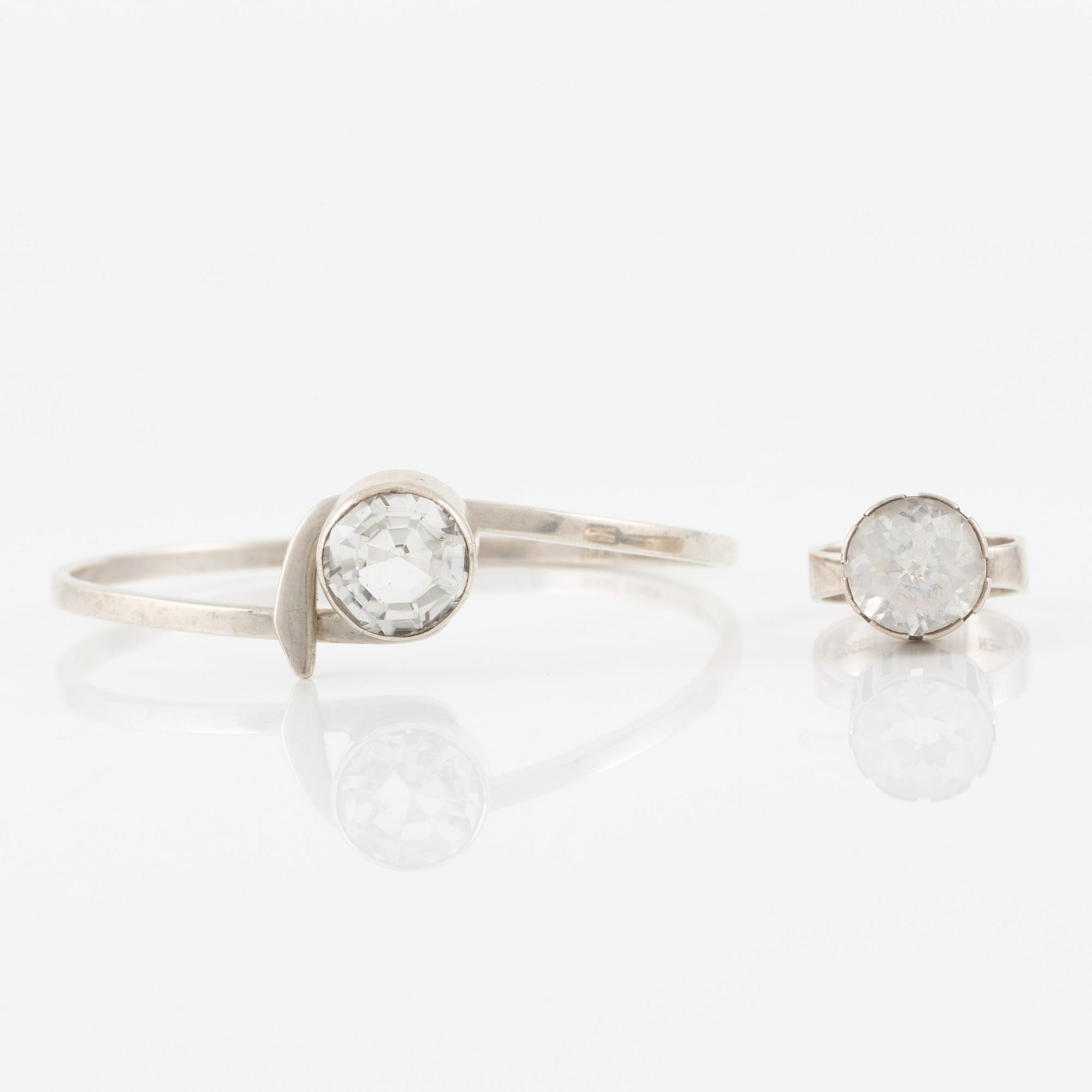 Isaac Cohen, bracelet and ring, silver with rock crystal. 1960s.