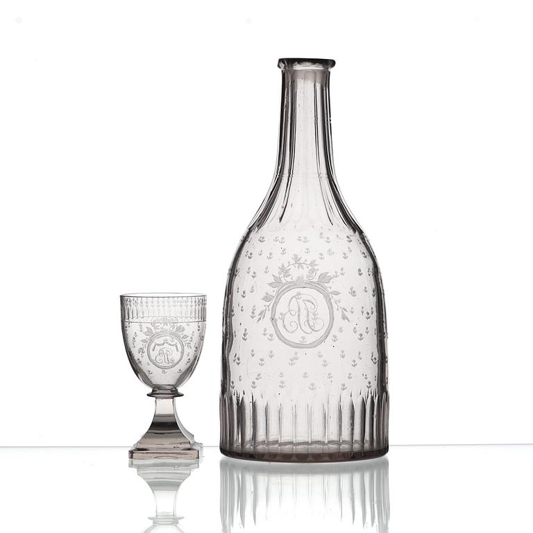 A set of eight Swedish late Gustavian cut and engraved glasses and a bottle, circa 1800.