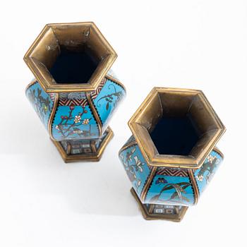 A pair of Japanese cloisonné hexagonal vases, Meiji (1868-1912).
