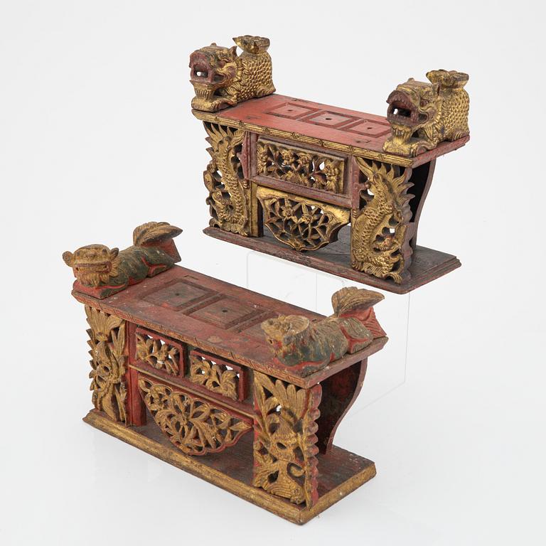 Two red lacquer and gilded altar tables, Indonesia, Jakarta, 20th Century.