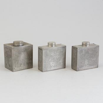 Three Chinese teacaddies in tin, Qing dynasty, 19th century.