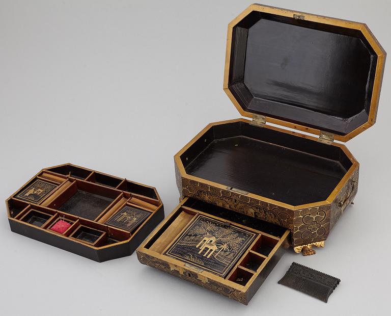 A lacquered sewing cabinet, Qing dynasty, 19th century.