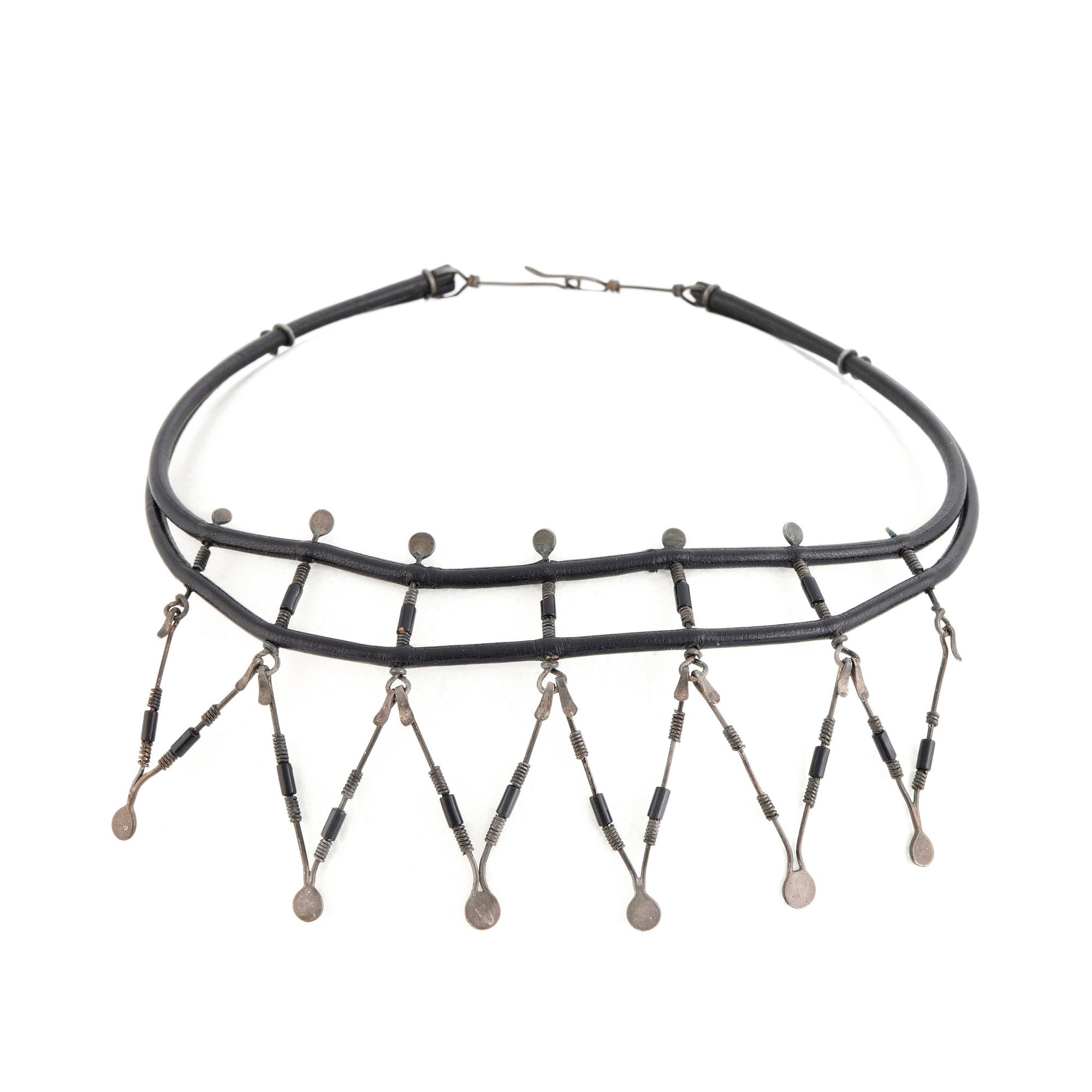 Vivianna Torun Bülow-Hübe, a leather and silver necklace and a pair earrings, studio work Stockholm ca 1950-55.