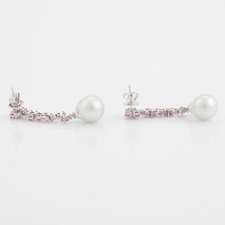 South sea pearl, pink sapphire and diamond earrings.