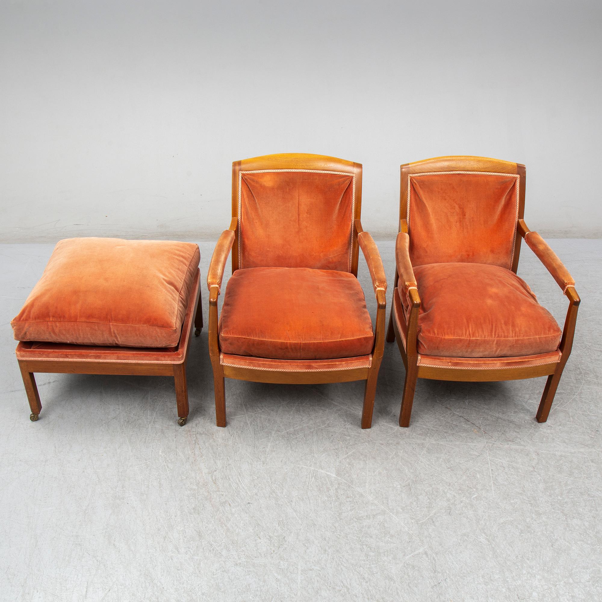 KERSTIN HÖRLIN-HOLMQUIST, a pair of 'Ofelia' armchairs with one foot stool, late 20th Century.