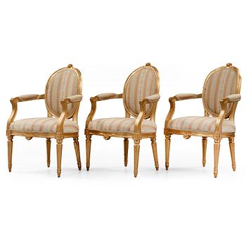 528. Three Gustavian armchairs by E Öhrmark, master 1777.