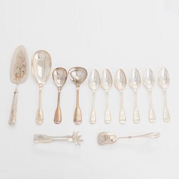 Cutlery, sterling silver, 16 pieces, Germany, and 10 pieces, nickel silver, Sweden, and one silver-plated piece from Christofle. 20th century.