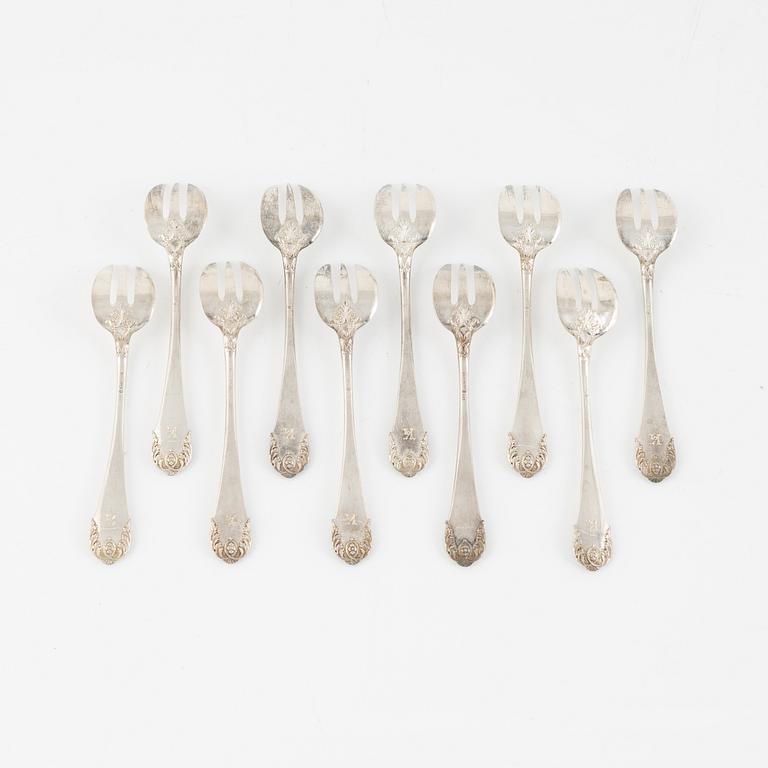 Ten Swedish Silver Oyster Forks, mark of Lars Larson & Co, Stockholm 1874.