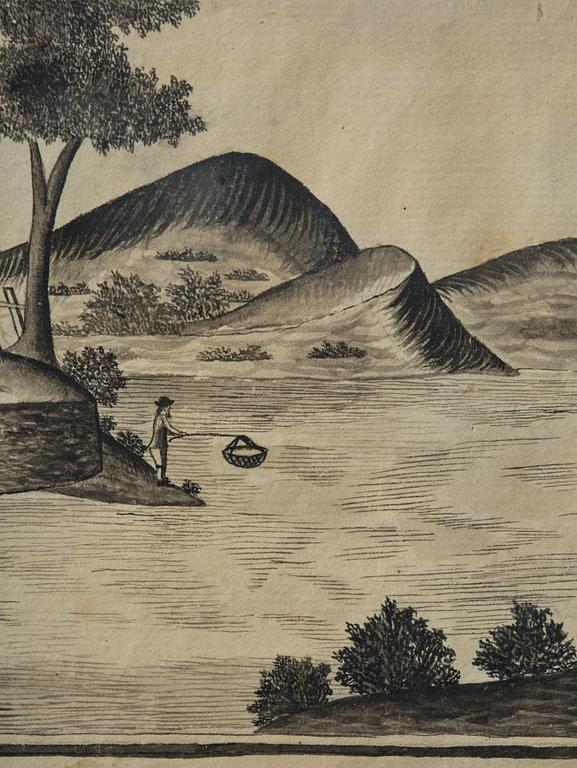 Swedish artist, fisherman in a lake landscape, late 18th century/early 19th century.