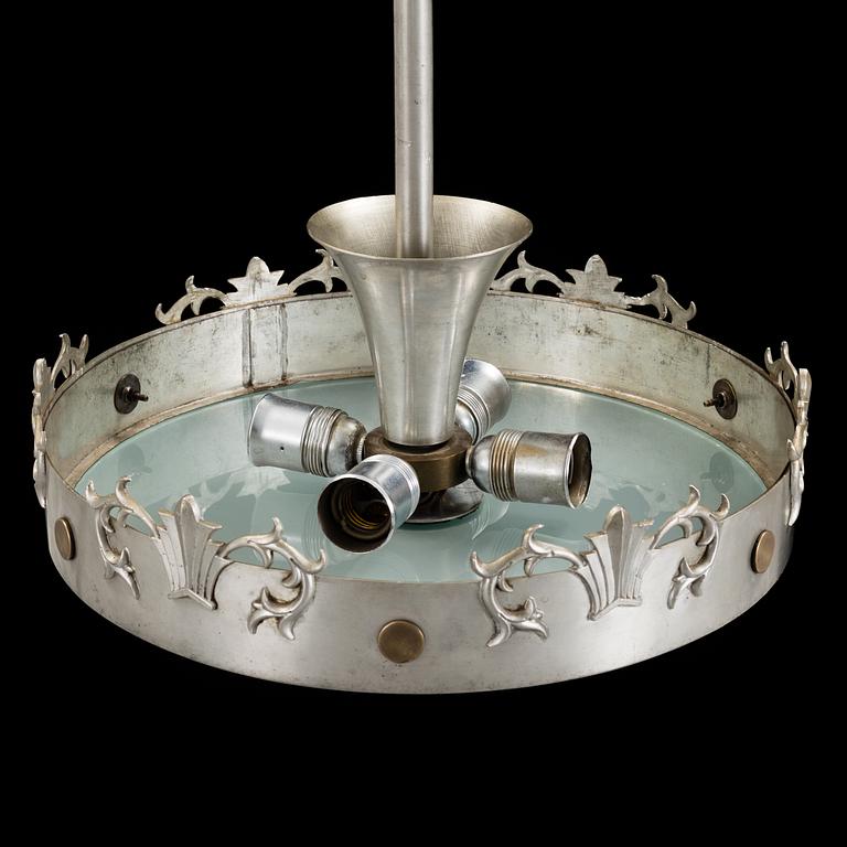 A 1920s / 1930s Art Deco pewter ceiling light. Height ca 90 cm.