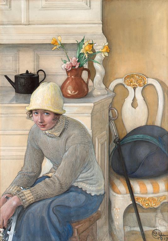 Carl Larsson, Girl with ice skates, interior from the school household, Falun.