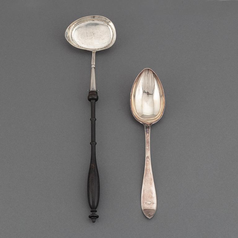 A swedish serving spoon and laddle, including mark of Claude St Claire Donneaud, Karlskrona (1812-27).