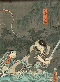 Utagawa Kunisada, a woodblock print triptych, mid 19th Century.