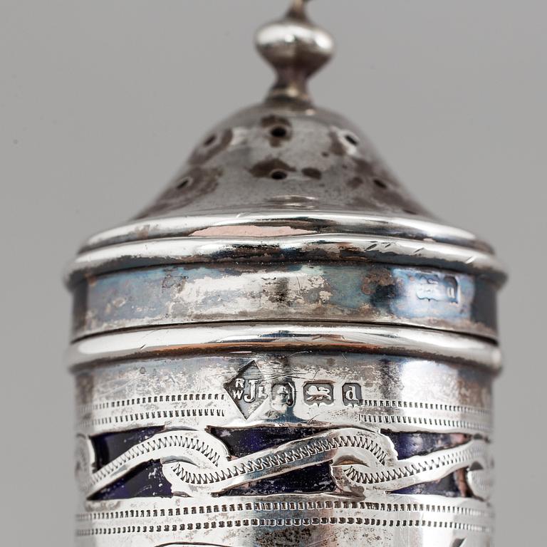 A set of three 20th century silver spice casters and a mustard jar, Denmark / England. Silver weight ca 152 g.