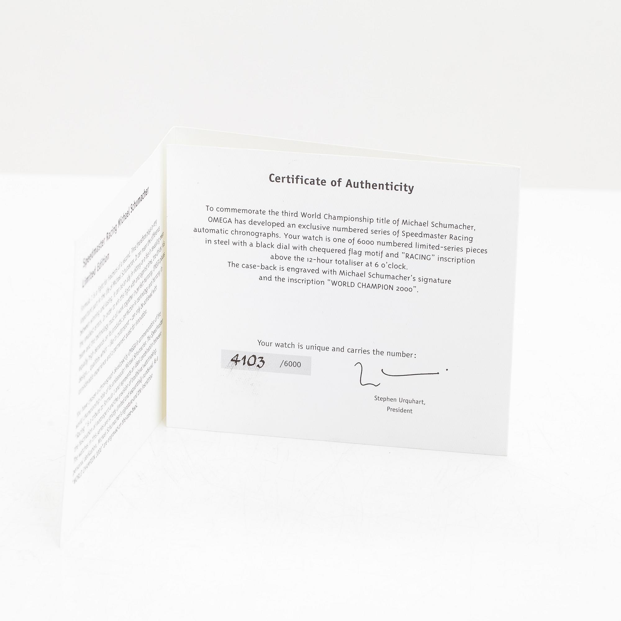 Omega, Speedmaster, Racing, "Michael Schumacher World Champion 2000", Limited Edition, rannekello, 39 mm.