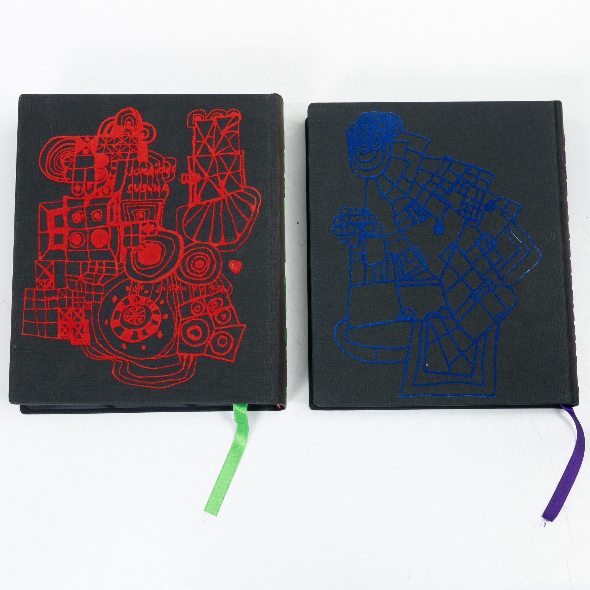 Friedensreich Hundertwasser, Books, 2 vols, 9790/10000, with accompanying colour etching, stamped signature and numbered 1004/2000. Taschen, 2000, Cologne.