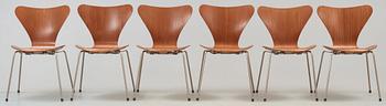ARNE JACOBSEN, stolar, 6 st, "Sjuan", Fritz Hansen, Danmark 1950-tal.