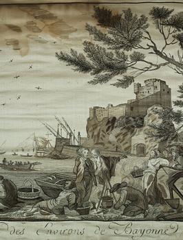 Embroideries, 1 pair, "Vue des Environs de Bayonne", signed and dated.