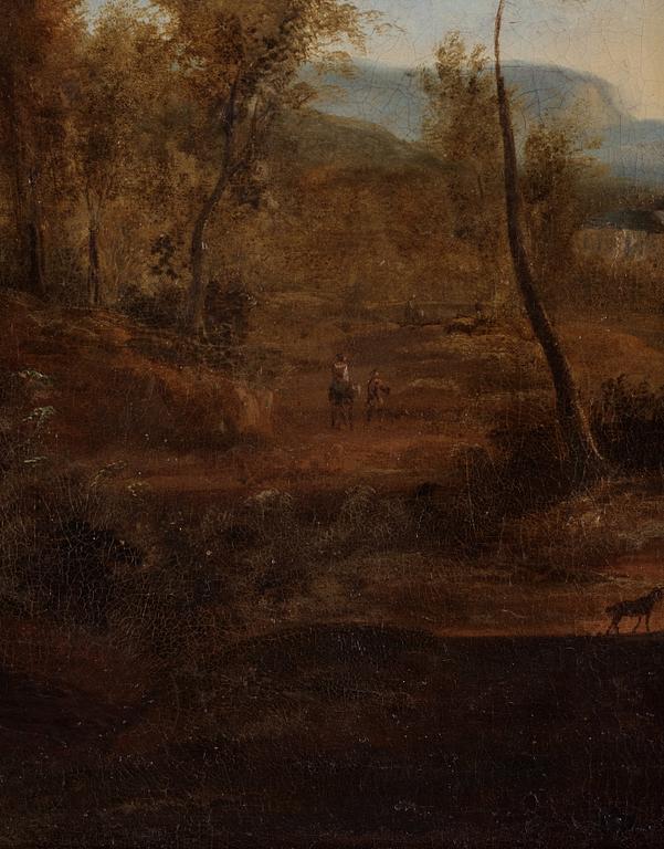 Unknown artist, 18th Century, Landscape with figures and riders beside a manor, a pair.