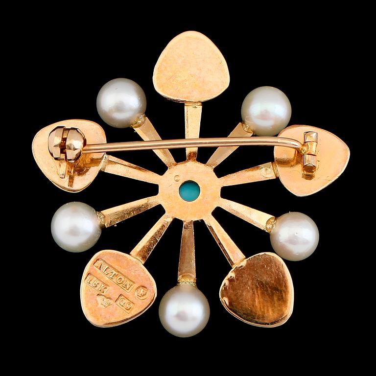 BROSCH, 18 k guld, pärlor och blå sten, Alton 1966. Total vikt 4 g.