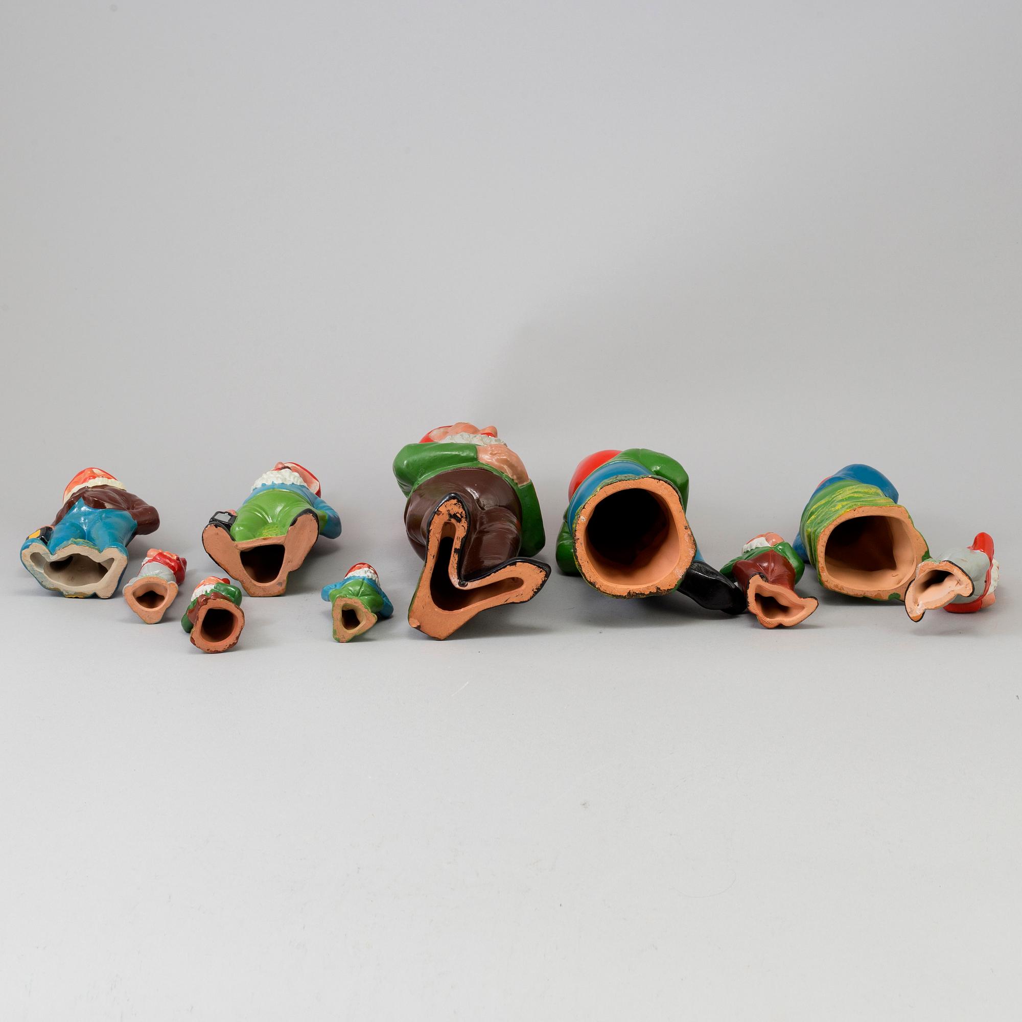 A collection of ten painted ceramic gnomes, partly from DDR, former East Germany, mid 20th century.