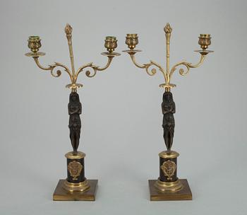 KANDELABRAR, ett par, empirestil, brons och mässing, 1900-talets början.