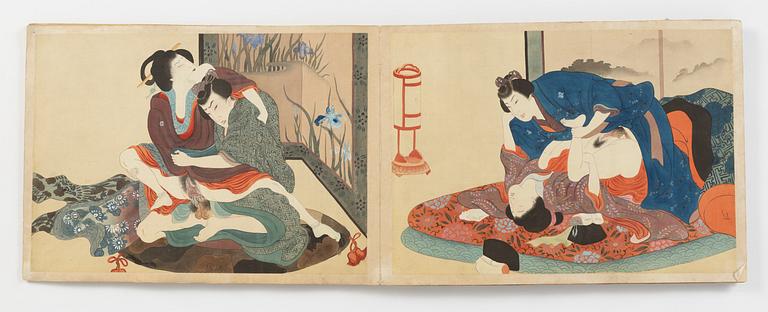 Konstnär från Utagawaskolan, Shunga album, Japan, sen Edo (1603 - 1868) eller Meiji (1868-1912). 14 målningar på siden.